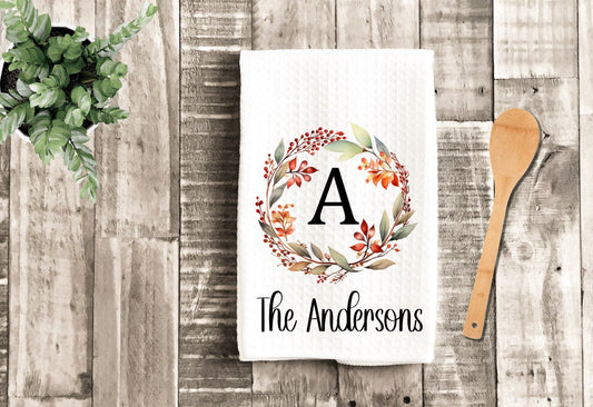Personalized Fall Leaves Dish Towel - Fall Wreath Decor Thanksgiving Tea Towel Kitchen Decor - New Home Gift Farm Decorations house Towel