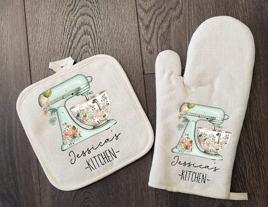 Personalized Oven Mitt & Pot Holder Set, Grandma Gift Set Floral Mixer Oven Mitts, Gifts for Mom, Camping RV