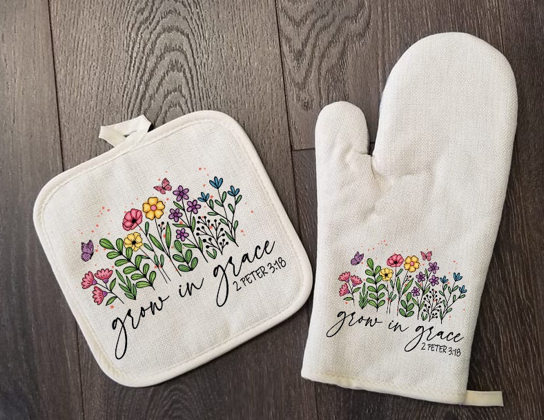 Grow In Grace Oven Mitt & Pot Holder Set, Floral Christian Gift