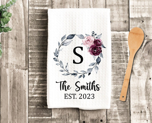 Floral Wreath Personalized Tea Dish Towel - Monogram Tea Towel Kitchen Décor - Housewarming Farm Decorations house Towel