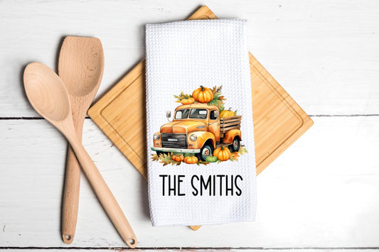 Personalized Fall Pumpkins Truck Dish Towel - Fall Halloween Decor Thanksgiving Tea Towel Kitchen Decor - Farm Decorations house Towel