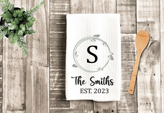 Custom Monogram Wreath Tea Dish Towel - Name Tea Towel Kitchen Décor - Personalized New Home Gift, Wedding Housewarming Farm Decorations