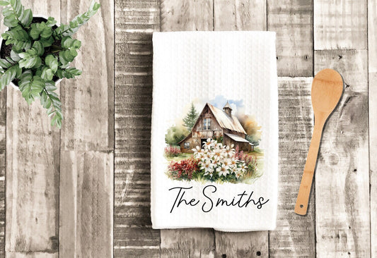 Personalized Dish Towel - Watercolor Rustic Barn Tea Towel Kitchen - New Home Gift, Housewarming Farm Decorations house Decor Towel