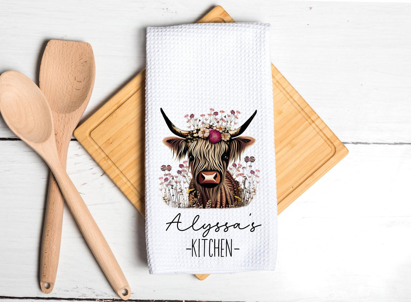 Highland Cow Personalized Dish Towel - Floral Cow Towel Kitchen Decor - New Home Gift Farm Decorations house Decor Towel