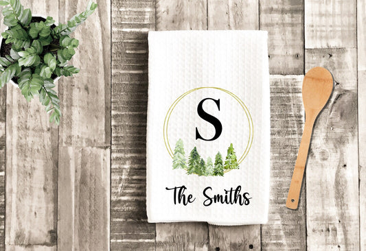 Winter Pine Trees Personalized Tea Dish Towel - Gold Wreath Tea Towel Kitchen Décor - Housewarming Farm Decorations house Towel