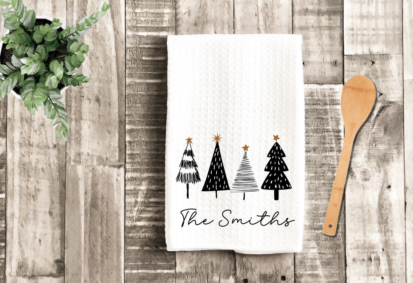 Modern Trees Personalized Tea Dish Towel - Christmas Tree Tea Towel Kitchen Décor - Housewarming Farm Decorations house Towel