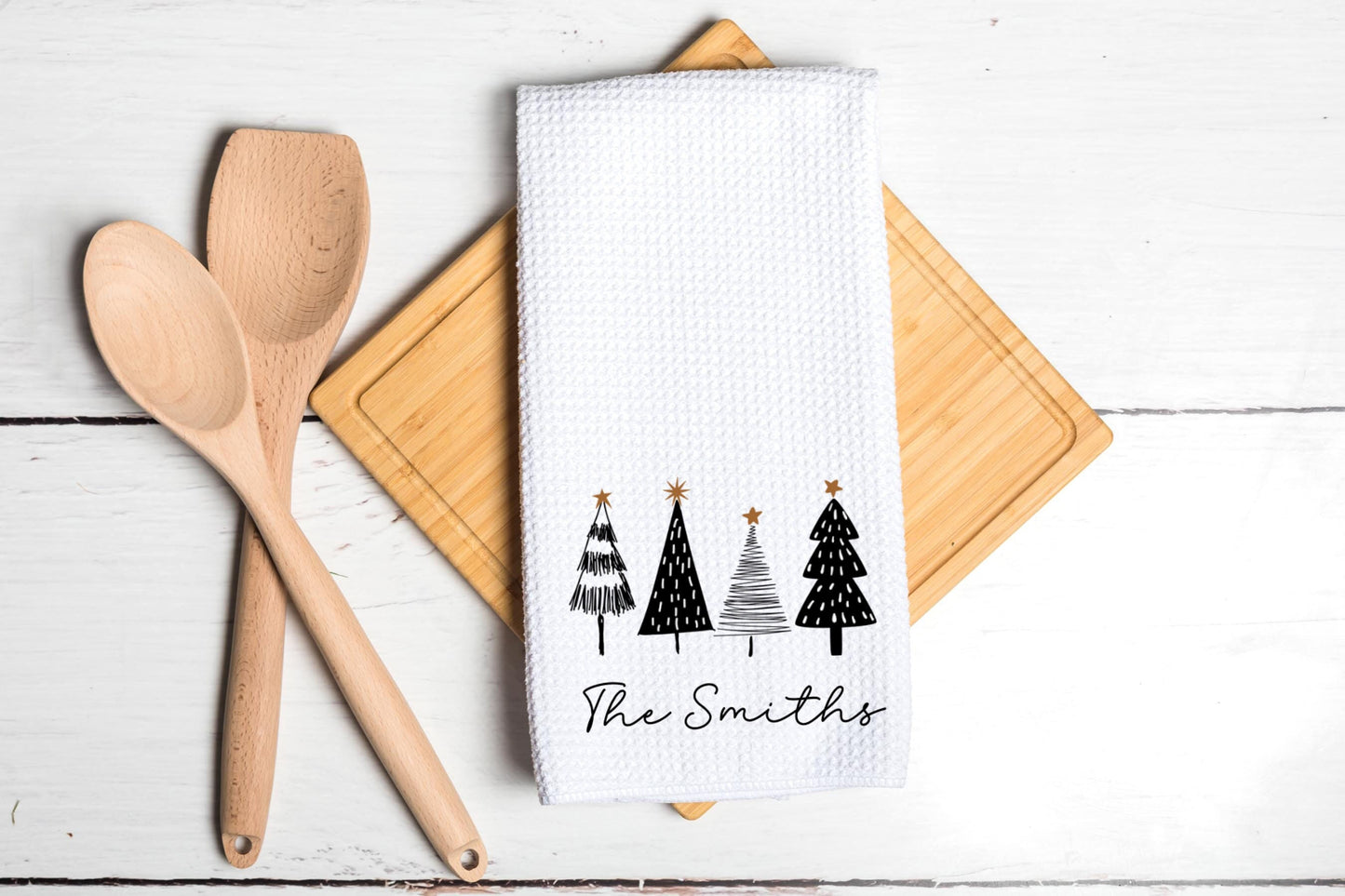 Modern Trees Personalized Tea Dish Towel - Christmas Tree Tea Towel Kitchen Décor - Housewarming Farm Decorations house Towel