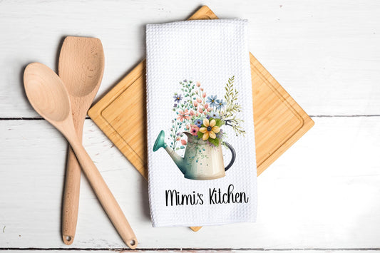 Personalized Kitchen Floral Bouquet Watercolor Dish Towel - Mimi Water Can Tea Towel Kitchen Decor - New Home Gift Farm Decorations Towel