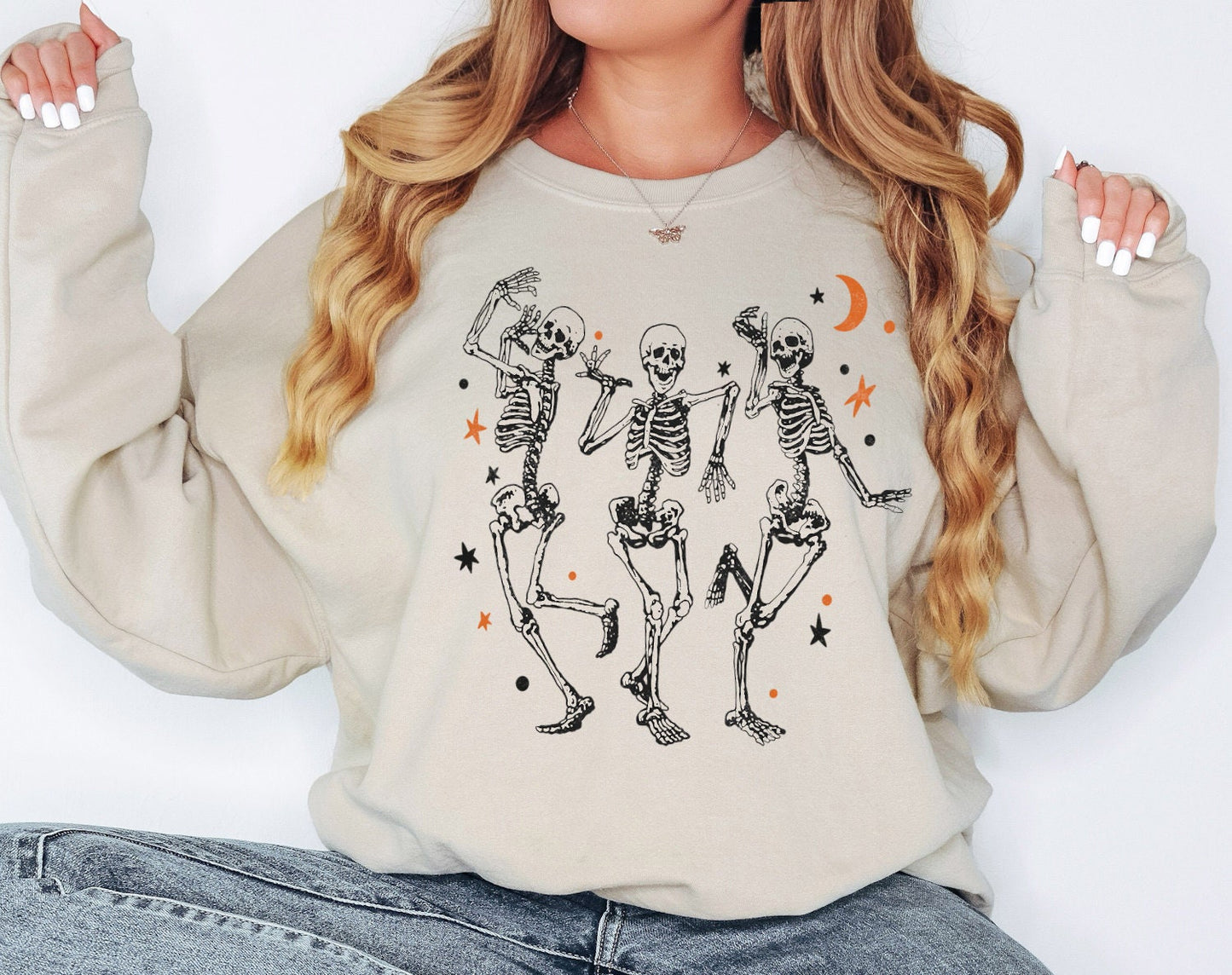 Dancing Skeletons Crewneck Sweatshirt, Halloween Fall Mom Long-sleeved Shirt Sweatshirt