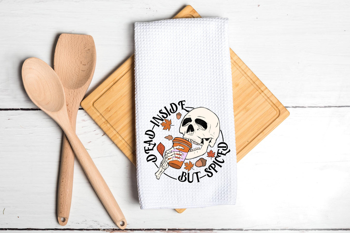 Dead Inside But Spiced Funny Dish Towel - Fall Halloween Decor Thanksgiving Tea Towel Kitchen Decor - Farm Decorations house Towel