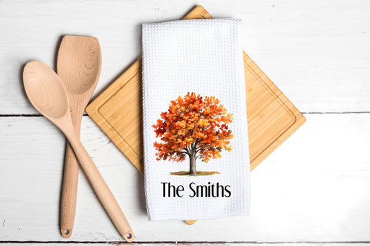 Personalized Fall Tree Leaves Dish Towel - Fall Decor Thanksgiving Tea Towel Kitchen Decor - New Home Gift Farm Decorations house Towel