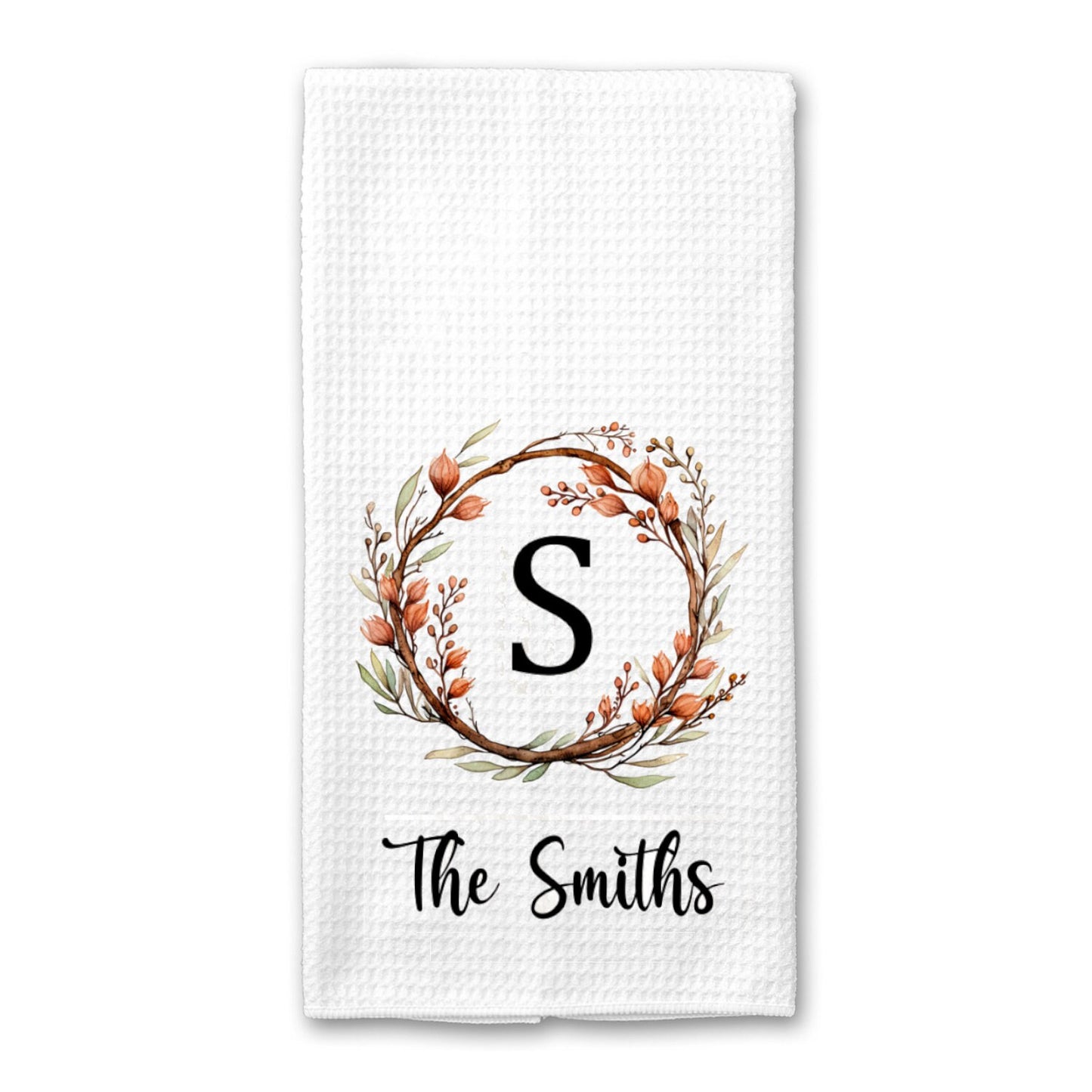 Personalized Rustic Wreath Dish Towel - Fall Wreath Decor Towel Kitchen Decor - New Home Gift Farm Decorations house Towel