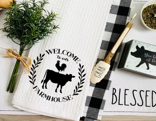 Welcome Farmhouse Cow Chicken Dish Towel - Tea Towel Kitchen Decor - New Home Gift Farm Decorations house Decor Towel