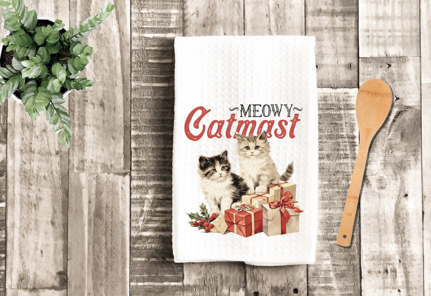 Meowy Christmas Dish Towel - White