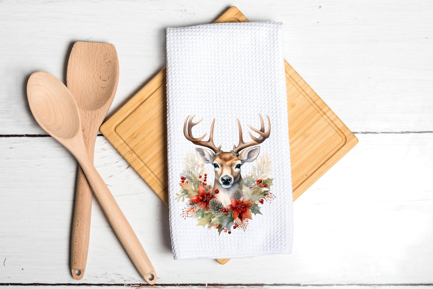 Christmas Watercolor Deer Merry Christmas Tea Dish Towel - Winter Tea Towel Kitchen Décor - Housewarming Farm Decorations house Towel