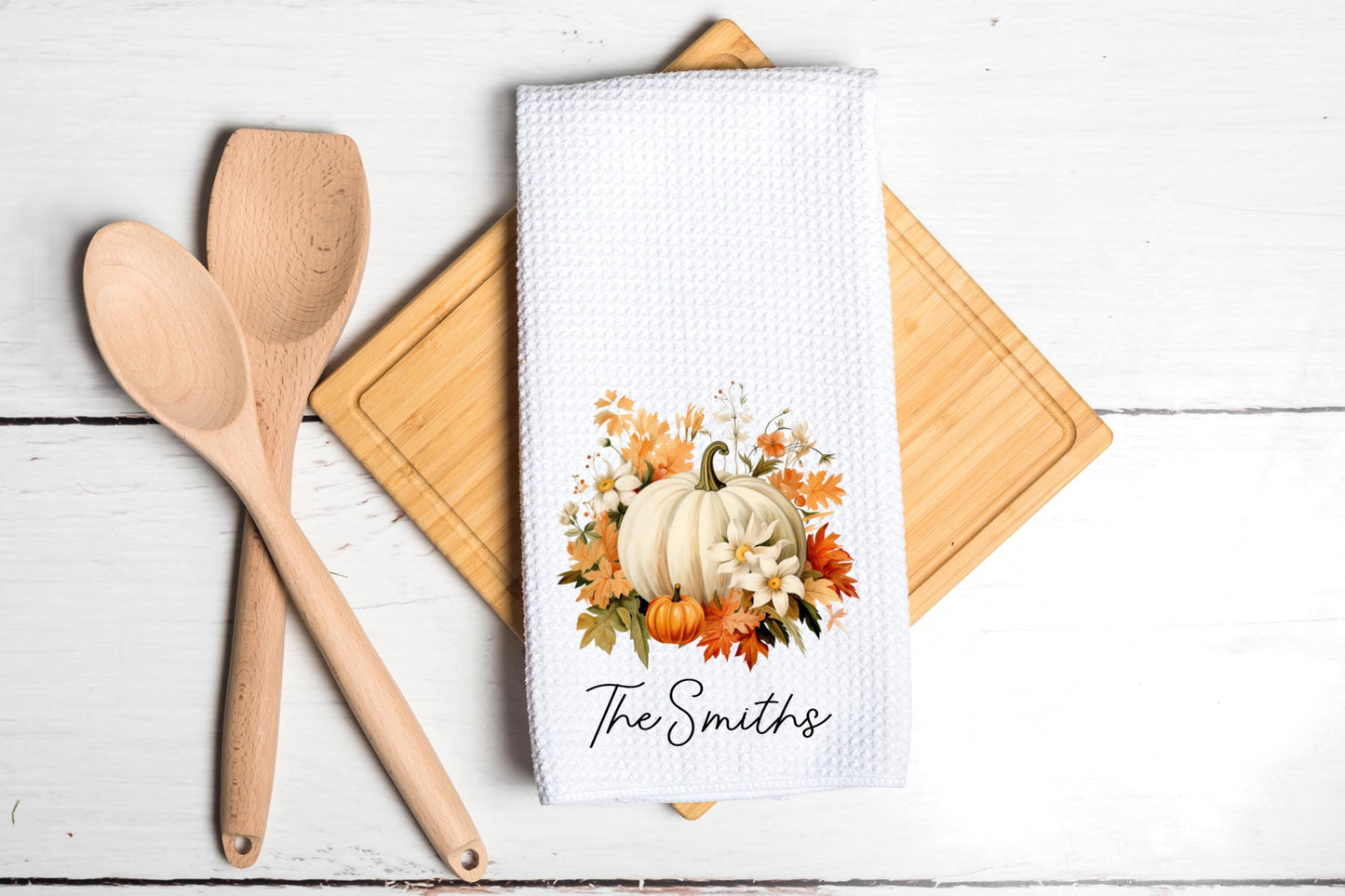 Personalized White Fall Pumpkin Dish Towel - Fall Decor Thanksgiving Tea Towel Kitchen Decor - New Home Gift Farm Decorations house Towel