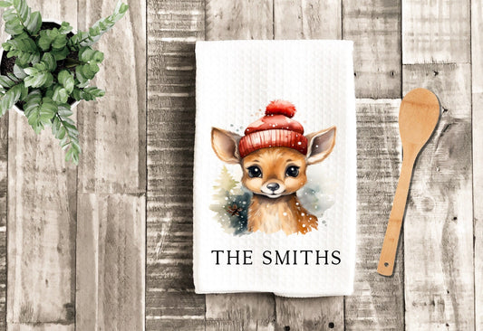 Personalized Christmas Watercolor Deer Merry Christmas Tea Dish Towel - Winter Tea Towel Kitchen Décor - Housewarming Farm Decorations