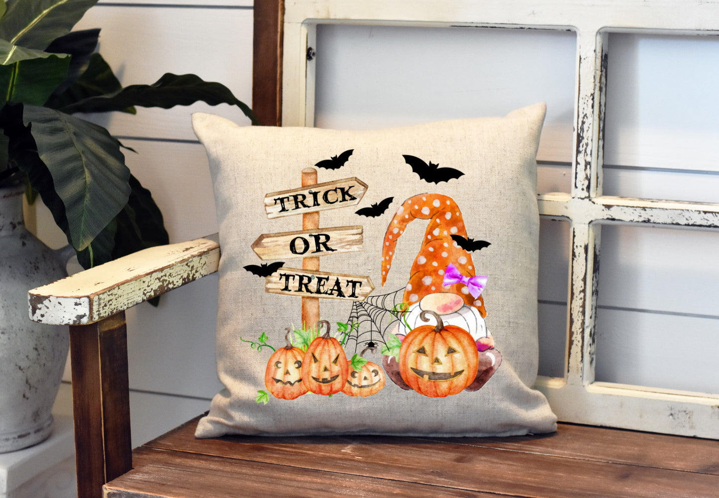 Trick Or Treat Fall Gnome Pillow Cover - Cute Plaid Gnomes - Halloween Fall Farm Decorations house Decor Throw Pillow Cover