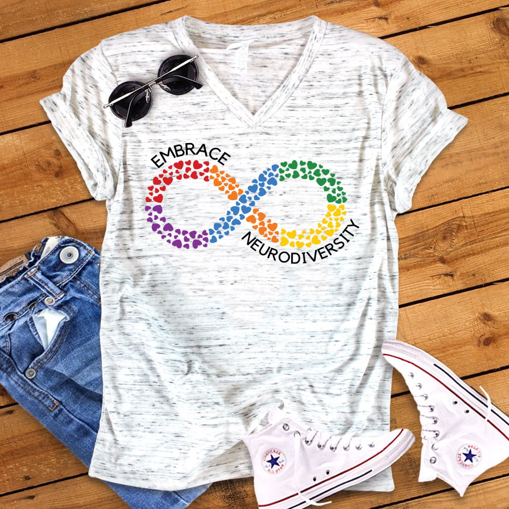 Autism Acceptance Rainbow Infinity Hearts Symbol Accept Embrace Celebrate Autism and Neurodiversity Unisex V Neck Graphic Tee T-Shirt