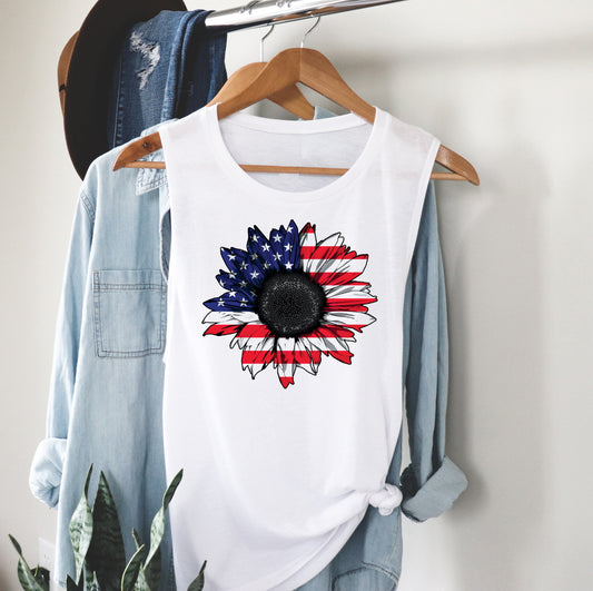 Sunflower America 4th July USA Americana American Pride Muscle Tank Shirt
