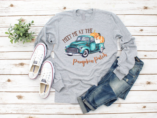 Meet Me At The Pumpkin Patch Vintage Truck Fall Autumn Hay Ride Orchard Adult Kids Toddler Baby Shirt