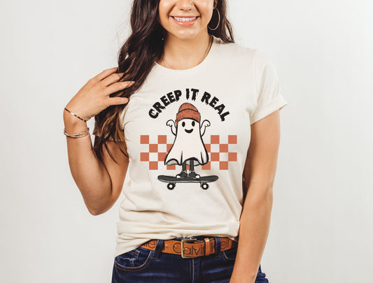 Creep It Real Skateboard Ghost Cute Halloween Fall Tee