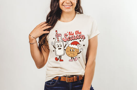 Tis The Season Merry Christmas Milk Cookies Retro Unisex Tee Novelty T-Shirt