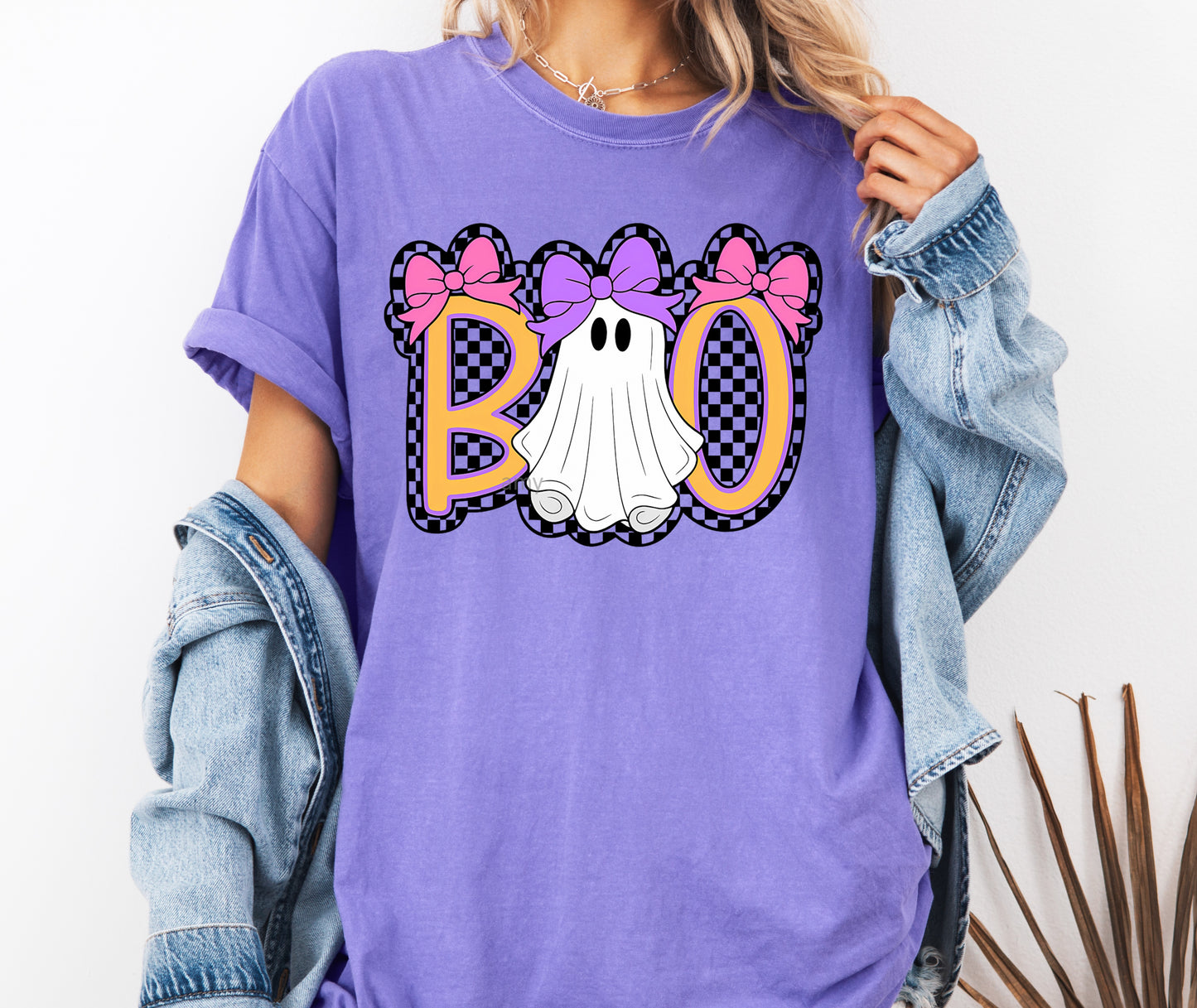Cute Boo Coquette Bow Ghost Comfort Colors® T-shirt, Cute Checkered Halloween Tee, Trendy Halloween Shirt