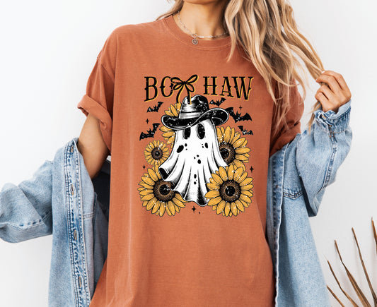 Boo Haw Halloween Comfort Colors® T-shirt, Cute Halloween Sunflower Ghost Tee, Cowboy Ghost Shirt