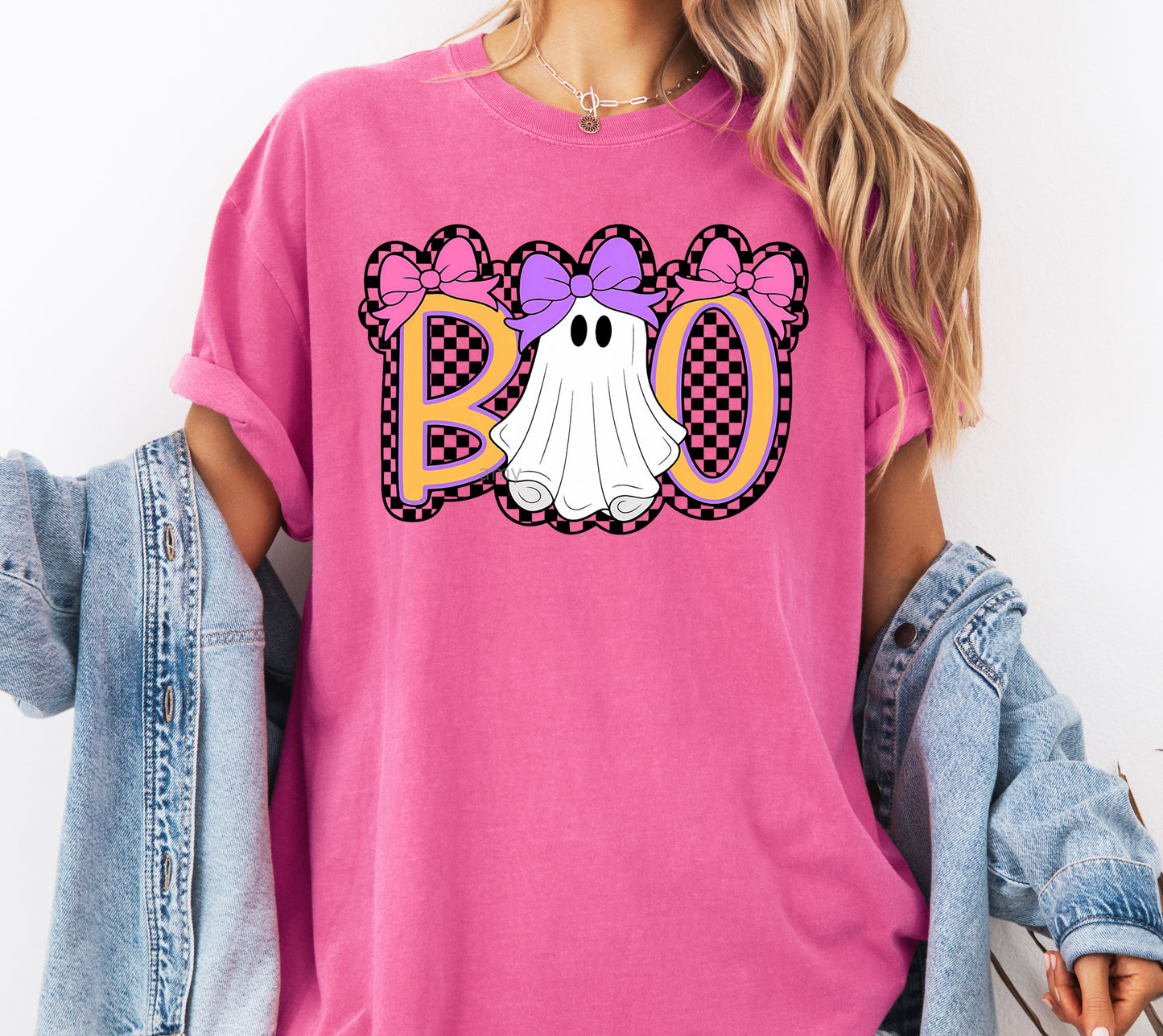 Cute Boo Coquette Bow Ghost Comfort Colors® T-shirt, Cute Checkered Halloween Tee, Trendy Halloween Shirt