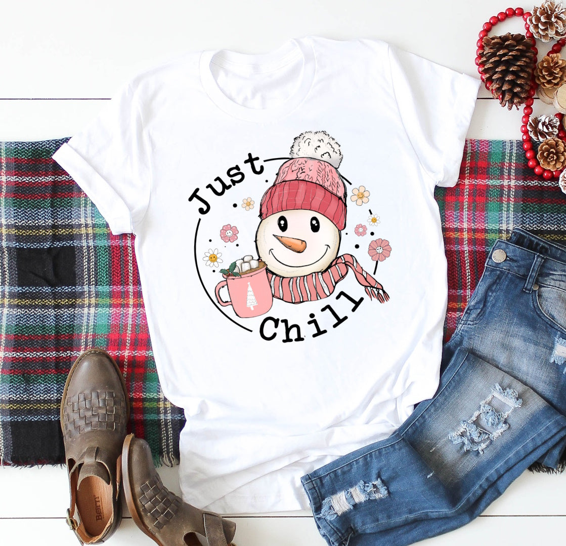 Just Chill Pink Snowman Christmas Shirt