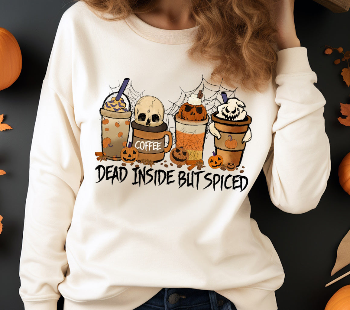 Dead Inside But Spiced Crewneck Sweatshirt, Halloween Fall Mom Long-sleeved Shirt Sweatshirt