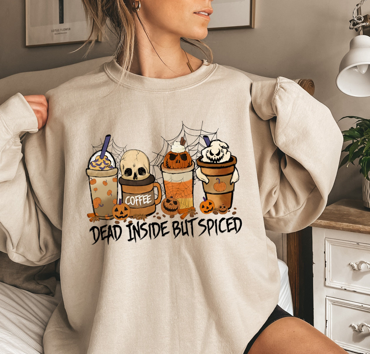 Dead Inside But Spiced Crewneck Sweatshirt, Halloween Fall Mom Long-sleeved Shirt Sweatshirt