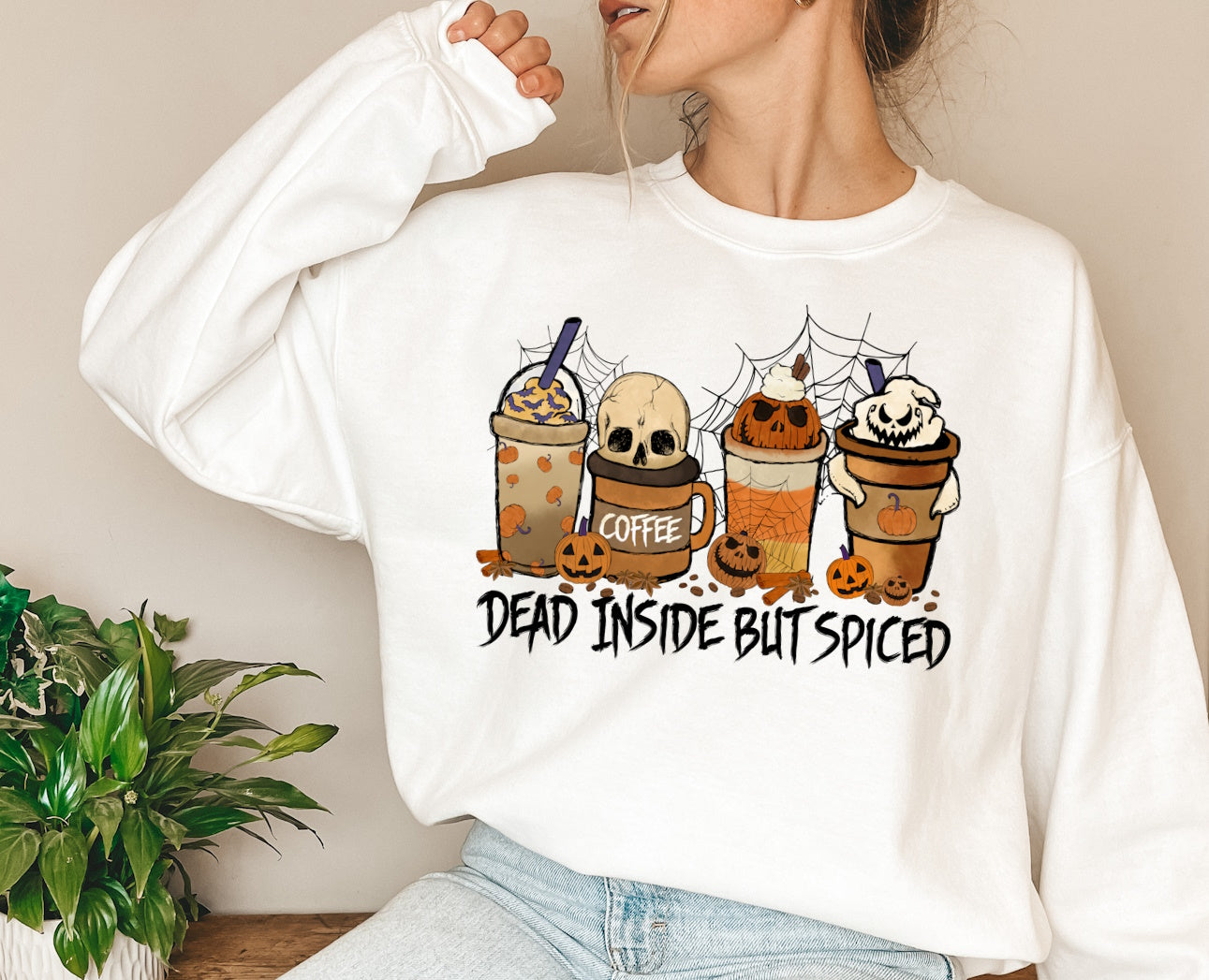 Dead Inside But Spiced Crewneck Sweatshirt, Halloween Fall Mom Long-sleeved Shirt Sweatshirt