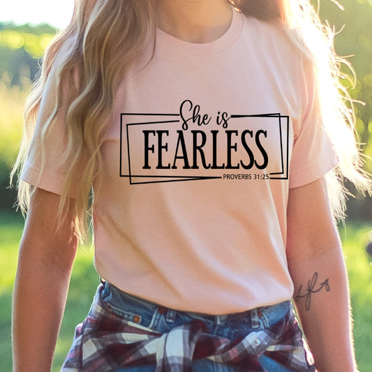 She Is Fearless Proverbs 31 25, Christian Shirt, She is Strong, Positive Message, Heart Unisex Novelty T-Shirt