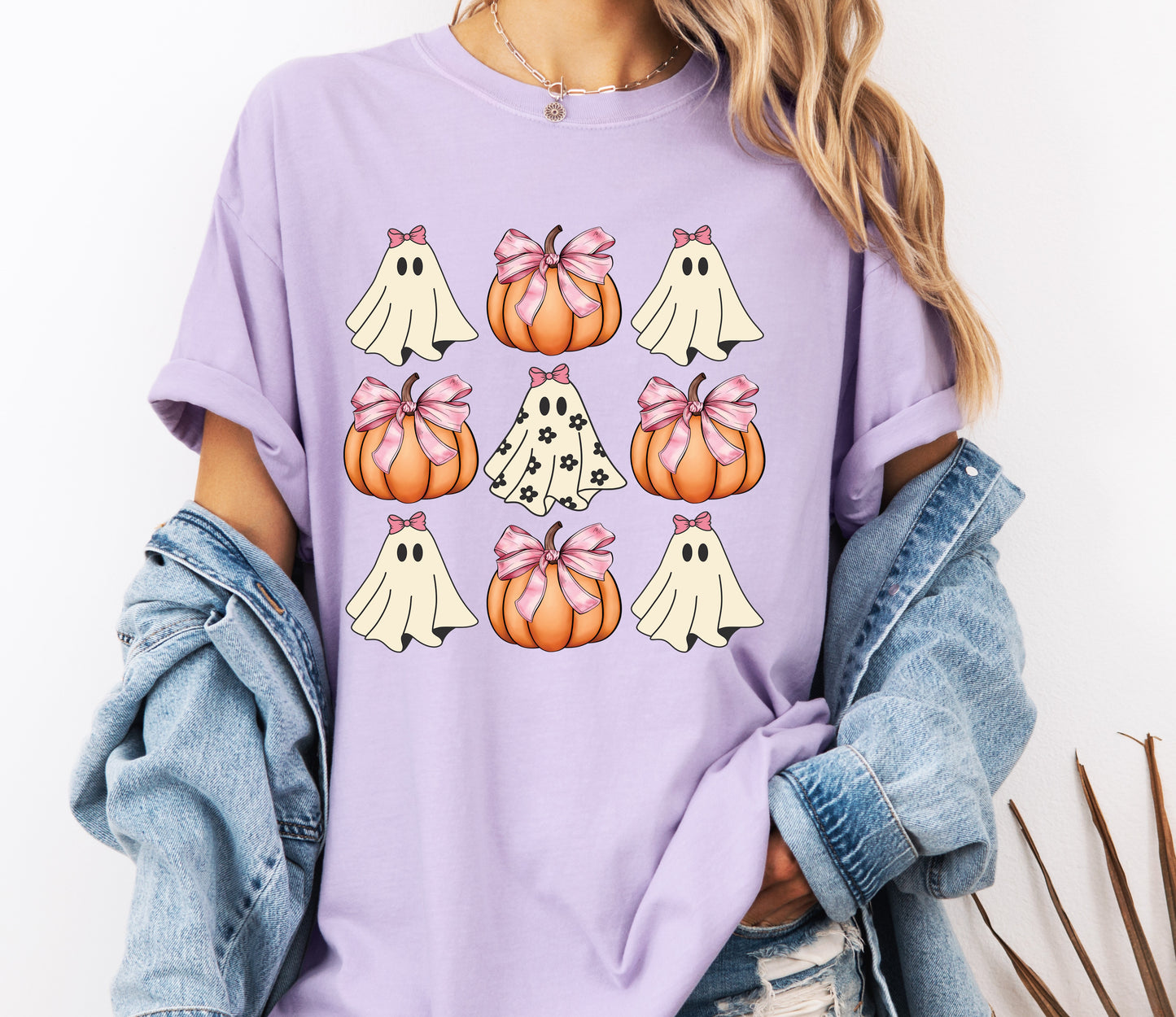Cute Pumpkin Ghost Comfort Colors® T-shirt, Coquette Bow Halloween Tee, Trendy Halloween Shirt