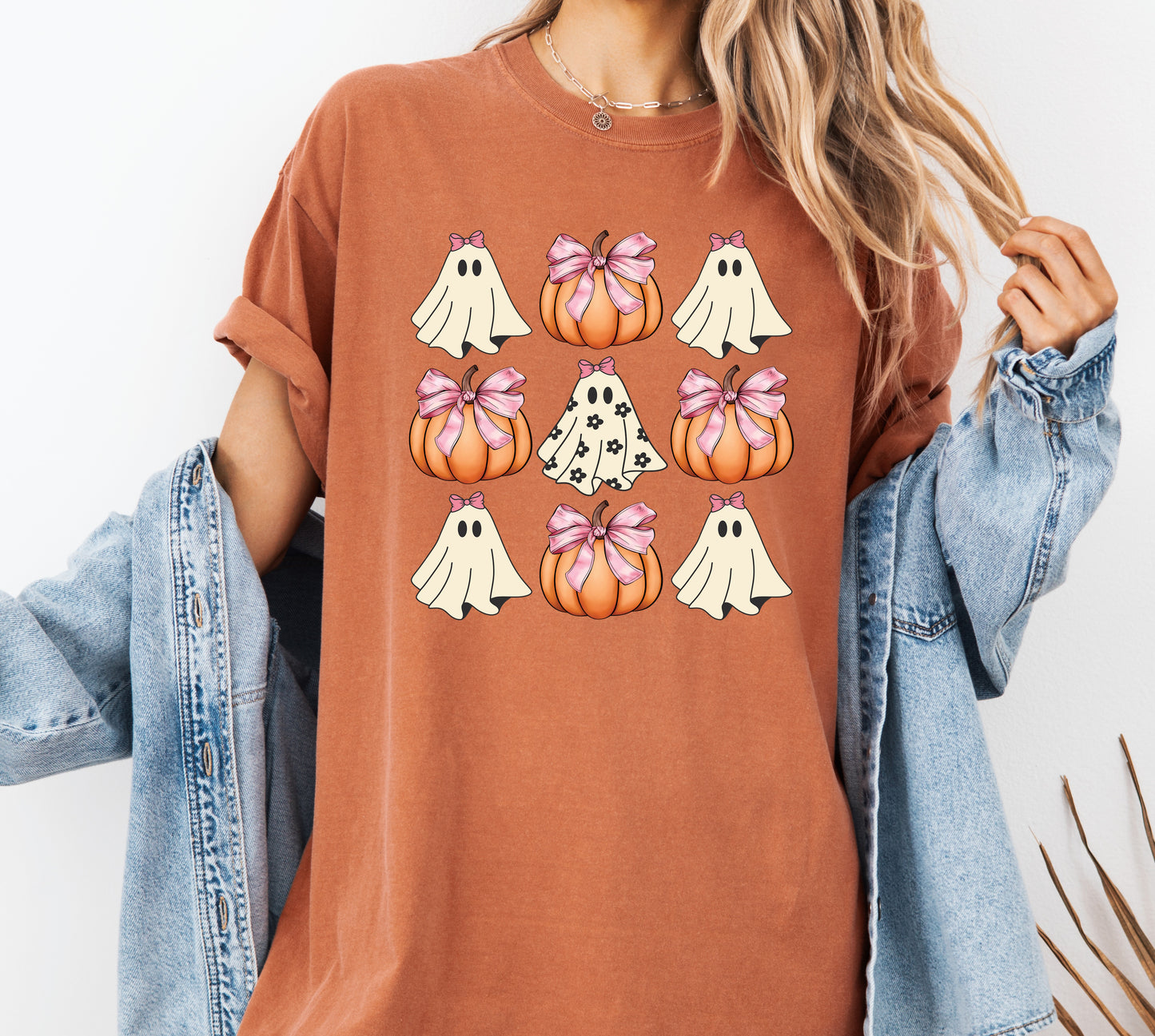 Cute Pumpkin Ghost Comfort Colors® T-shirt, Coquette Bow Halloween Tee, Trendy Halloween Shirt