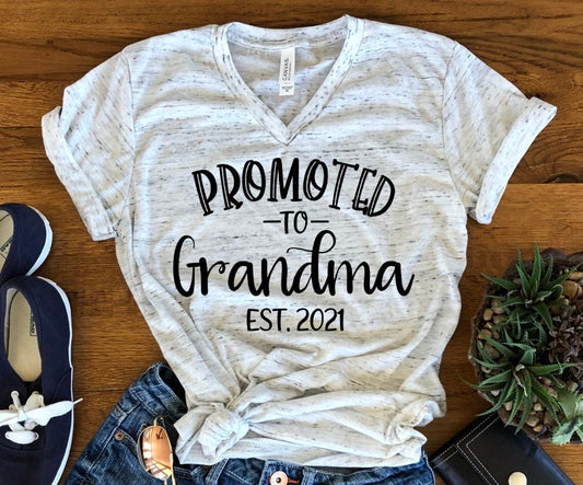 Promoted To Grandma, New Grandma, Pregnancy Announcement, Personalized Unisex V Neck T-Shirt