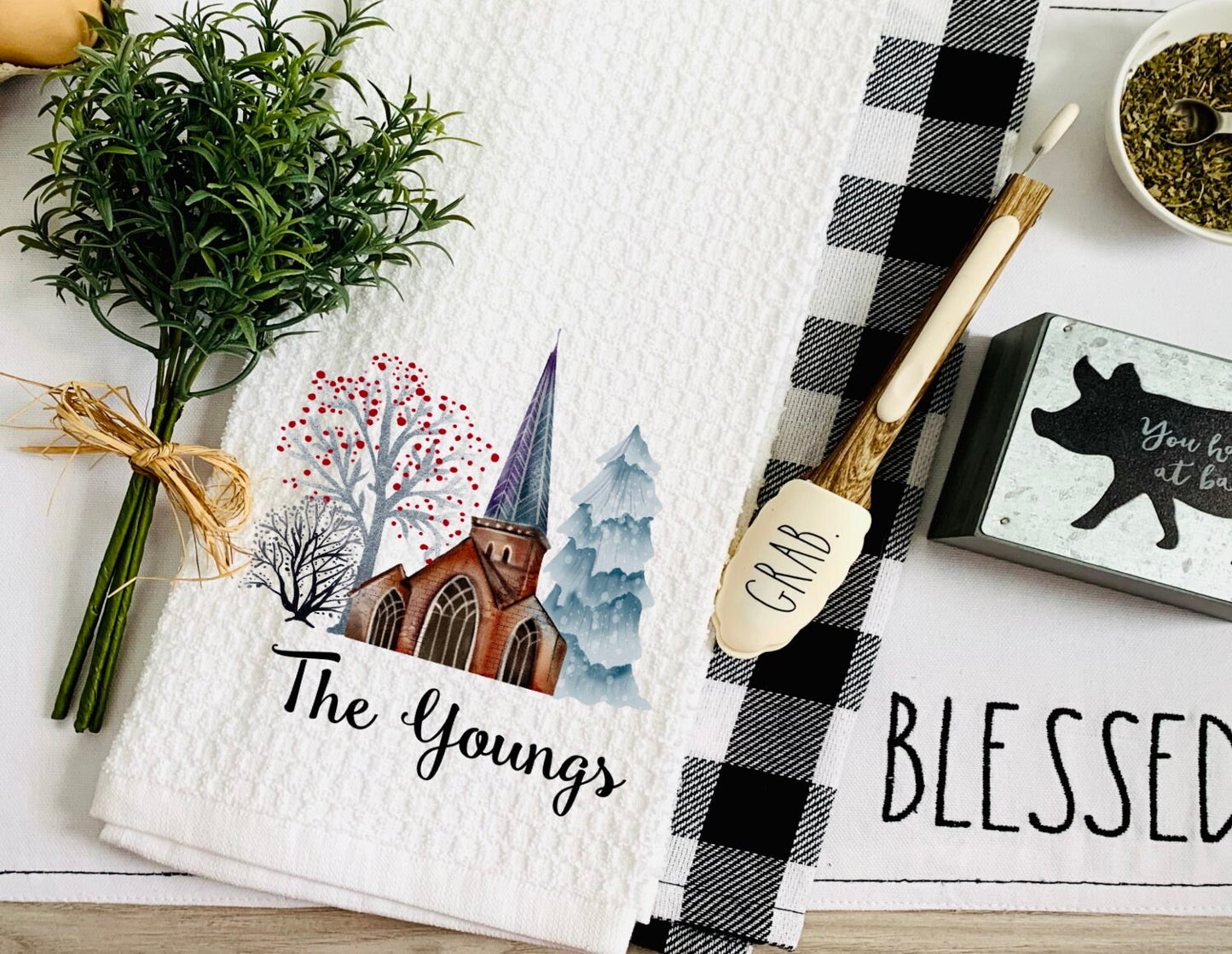 Winter Church Personalized Tea Dish Towel - Christmas Watercolor Tea Towel Kitchen Décor - Housewarming Farm Decorations house Towel