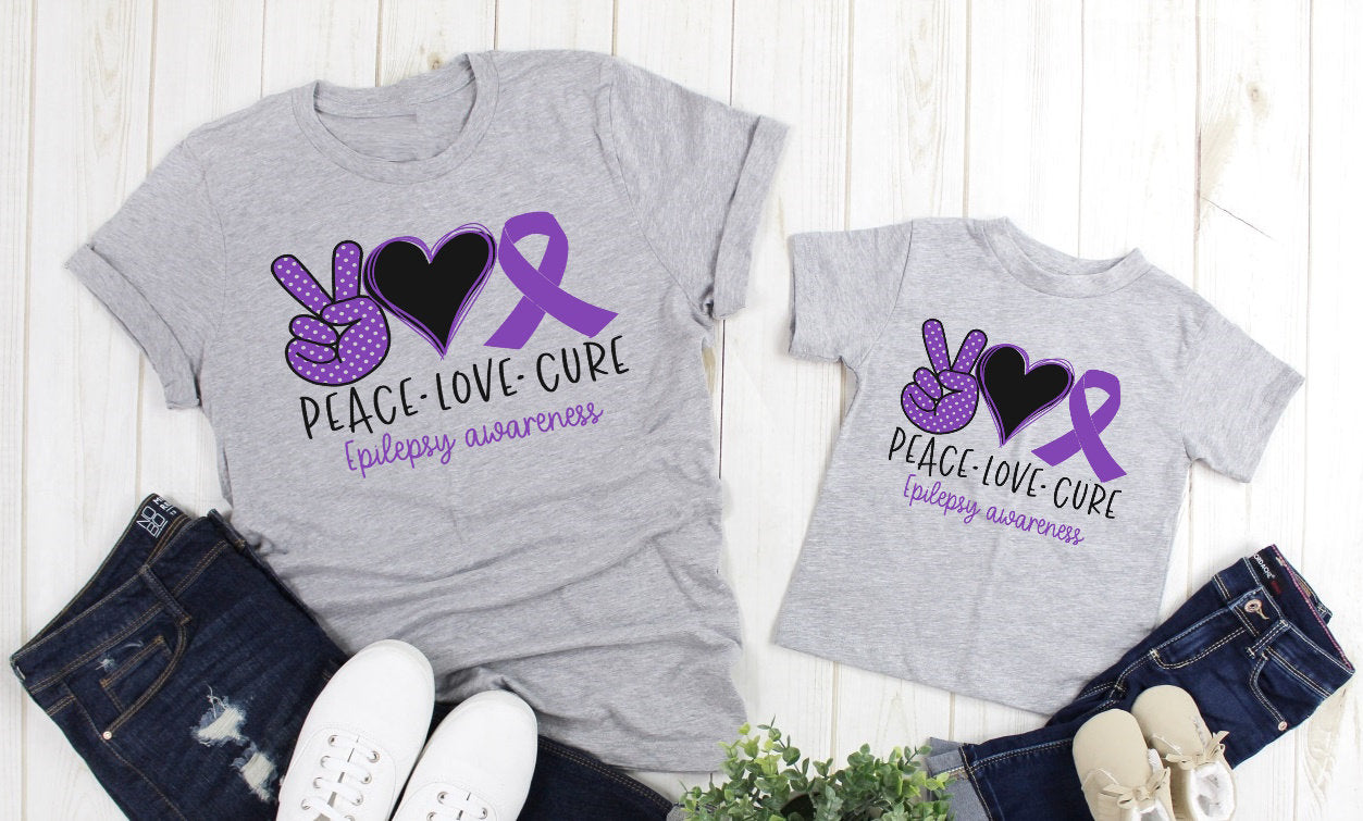 Peace Love Cure Epilepsy Awareness Adult Kids Toddler Baby Shirt