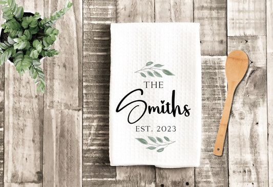 Custom Personalized Tea Dish Towel - Leaf Tea Towel Kitchen Décor - Personalized New Home Gift, Wedding Housewarming Farm Decorations
