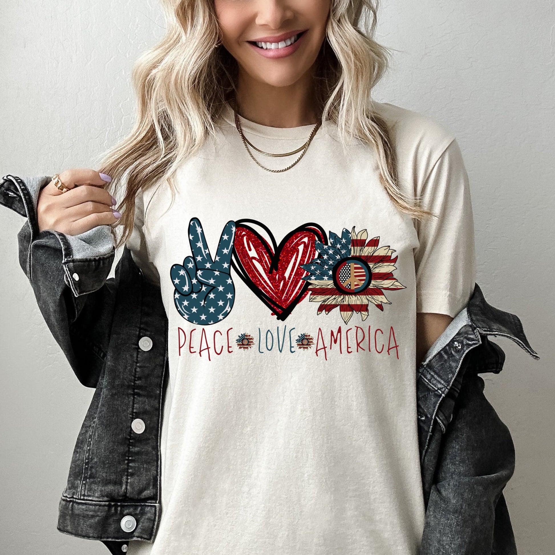 Peace Love America T-Shirt, USA Americana Shirt, 4th Of July Sunflower American Unisex Novelty T-Shirt