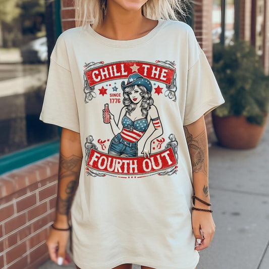 Chill The Fourth Out America Retro Tee, USA Americana Shirt, 4th Of July American Unisex Novelty T-Shirt