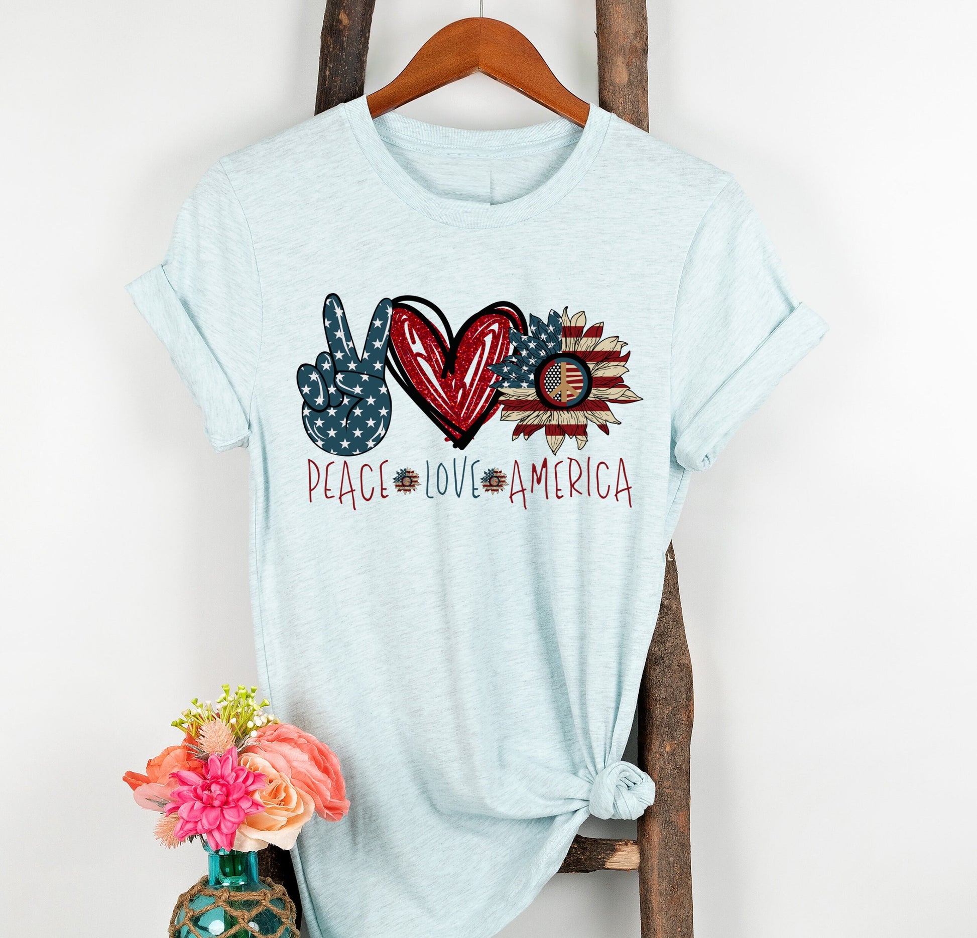 Peace Love America T-Shirt, USA Americana Shirt, 4th Of July Sunflower American Unisex Novelty T-Shirt