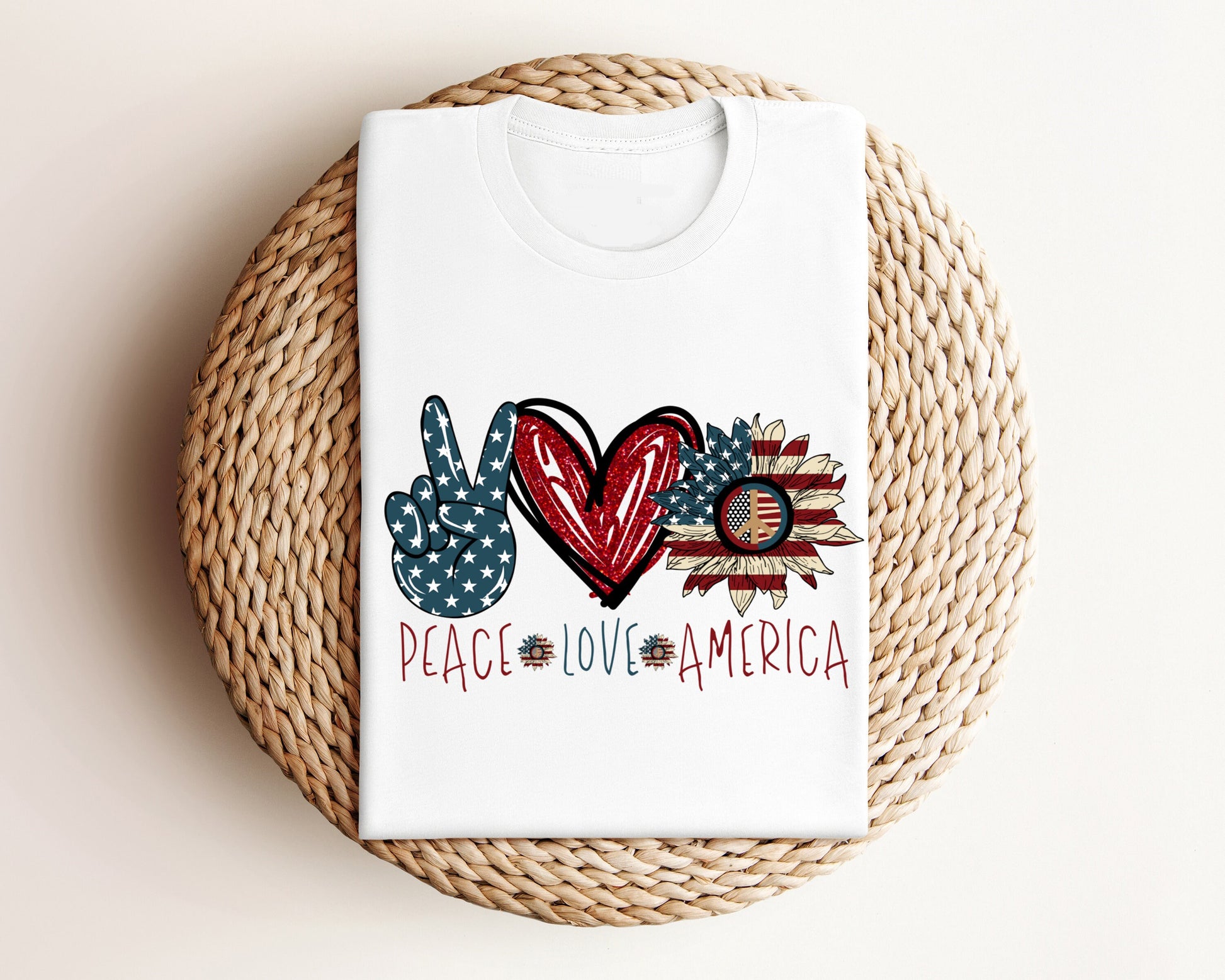 Peace Love America T-Shirt, USA Americana Shirt, 4th Of July Sunflower American Unisex Novelty T-Shirt