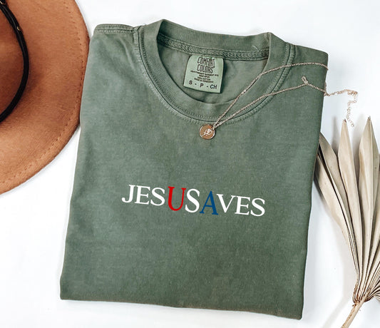 Jesus Saves USA Colors® T-shirt, Christian Bible Verse Graphic Tee, Minimalist Religious Apparel, Woman's Bible Study, American Pride Shirt