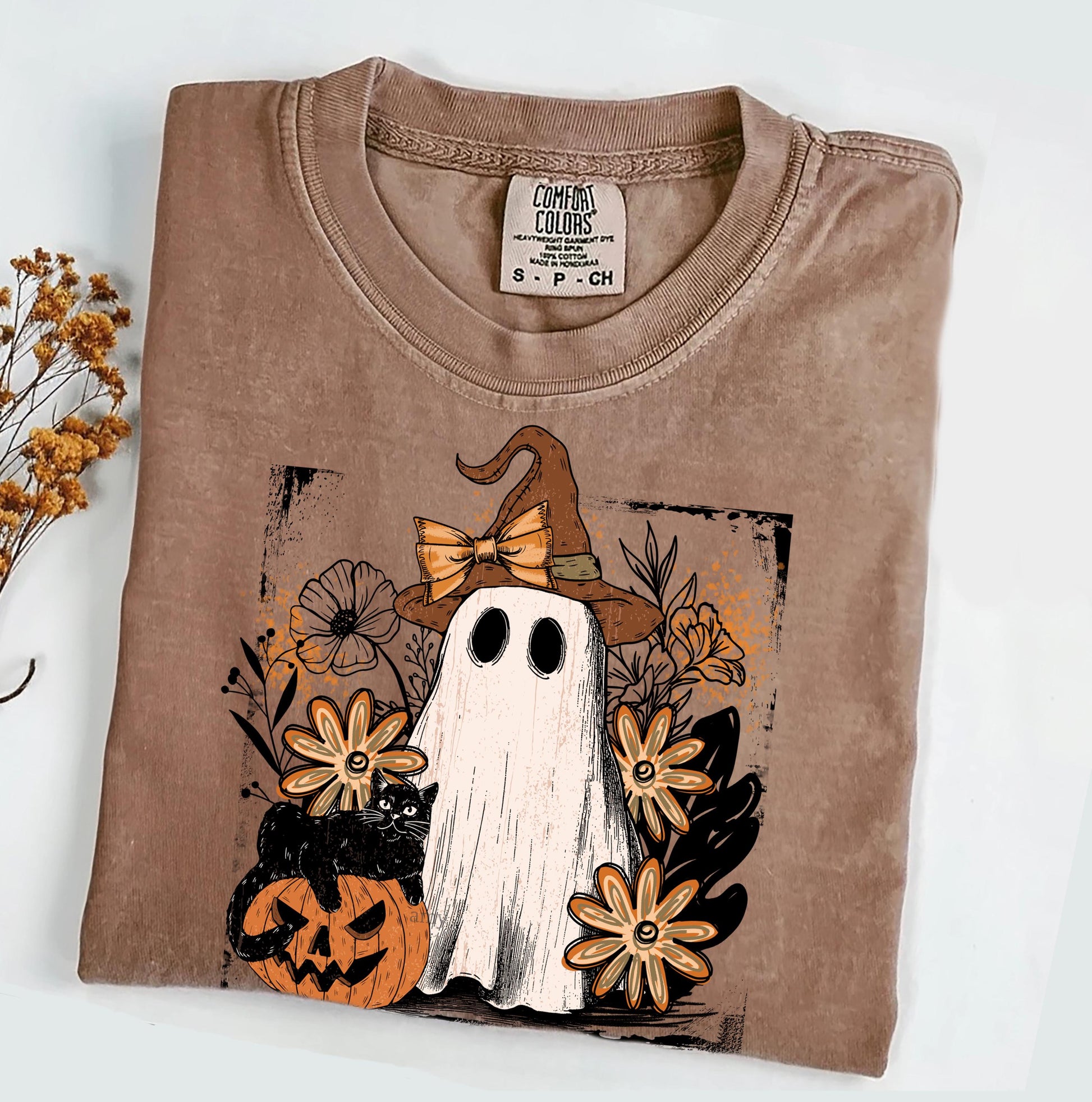 Floral Fall Ghost Comfort Colors® T-shirt, Trendy Halloween Tee, Cute Girly Graphic TShirt, Fall Party Shirt