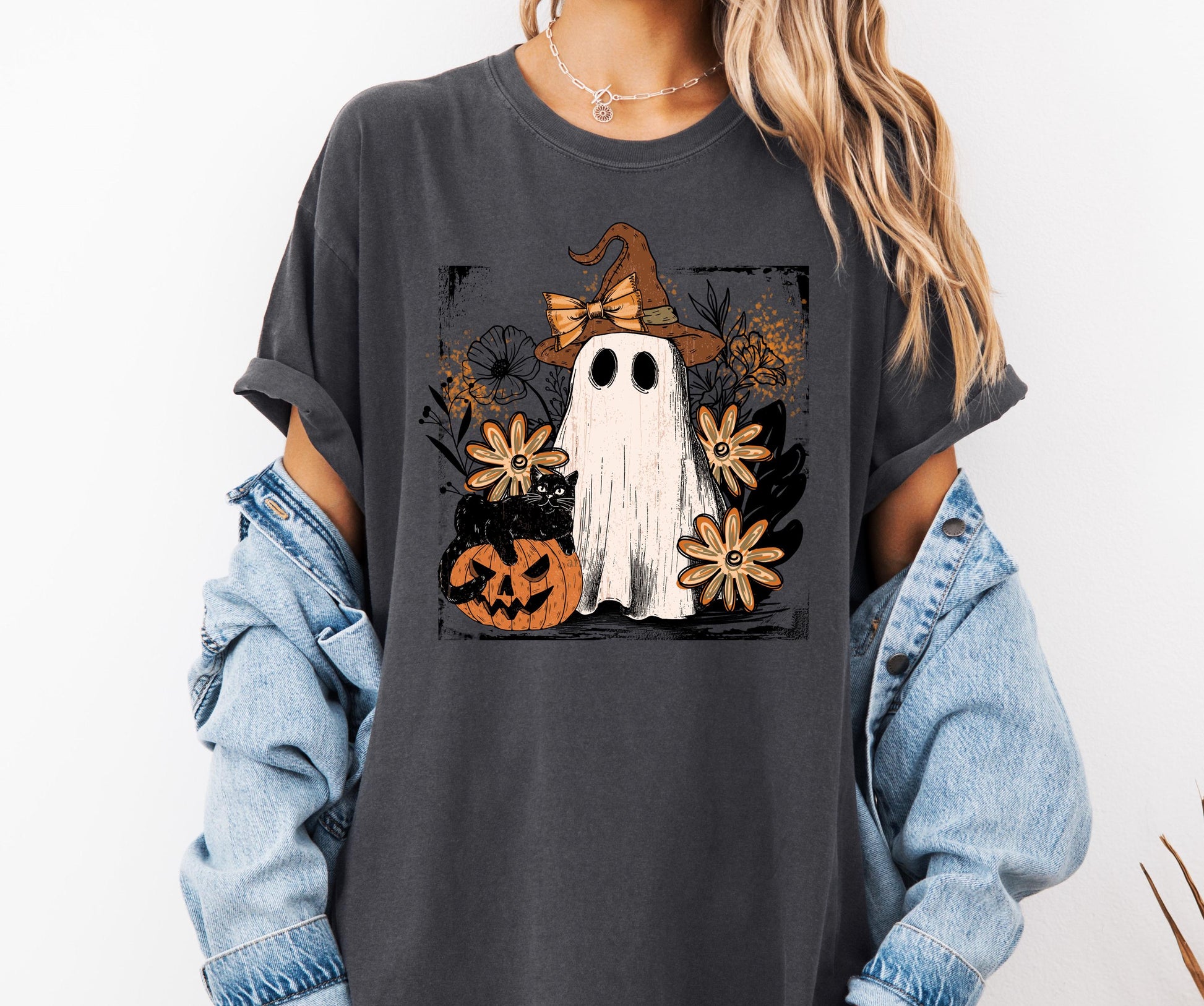 Floral Fall Ghost Comfort Colors® T-shirt, Trendy Halloween Tee, Cute Girly Graphic TShirt, Fall Party Shirt