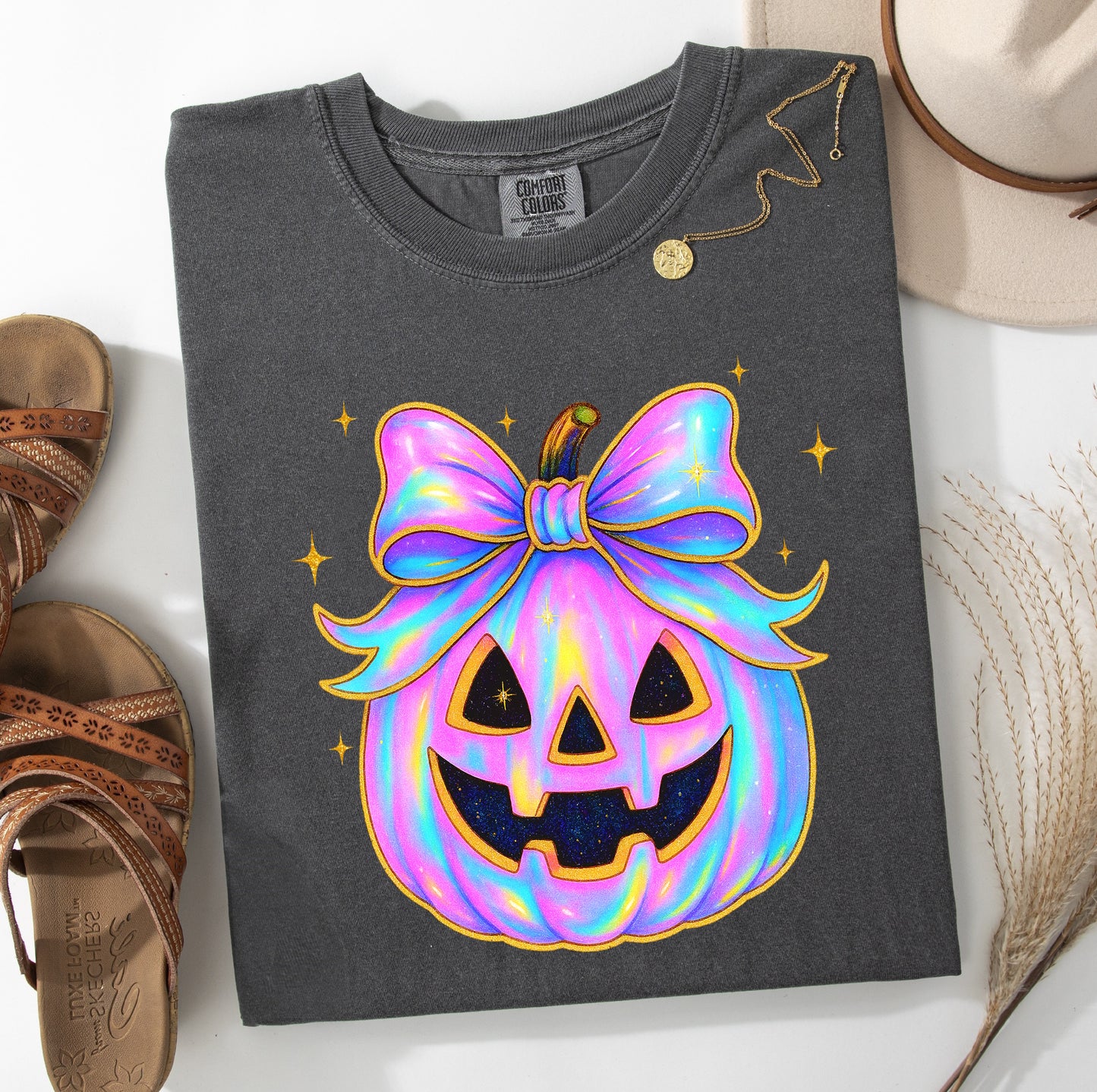 Iridescent Trendy Pumpkin Comfort Colors® T-shirt, Cute Halloween Tee, Girly Bow Pumpkin Shirt