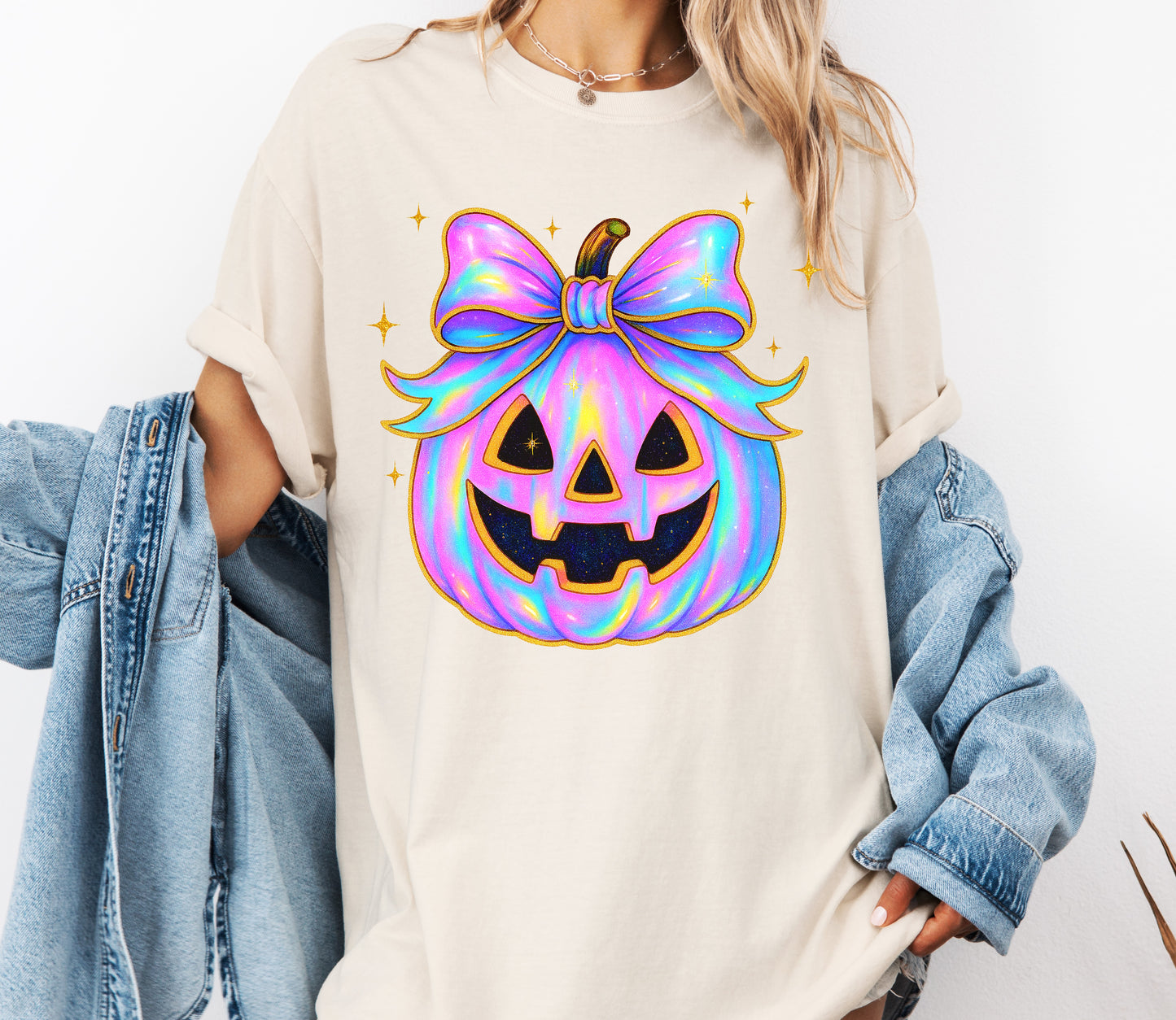 Iridescent Trendy Pumpkin Comfort Colors® T-shirt, Cute Halloween Tee, Girly Bow Pumpkin Shirt